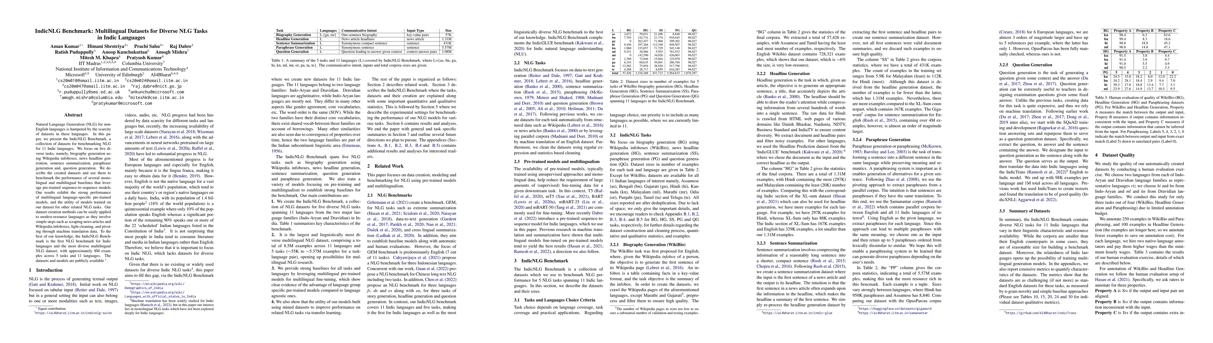 Thumbnail for IndicNLG Benchmark: Multilingual Datasets for Diverse NLG Tasks in Indic
  Languages