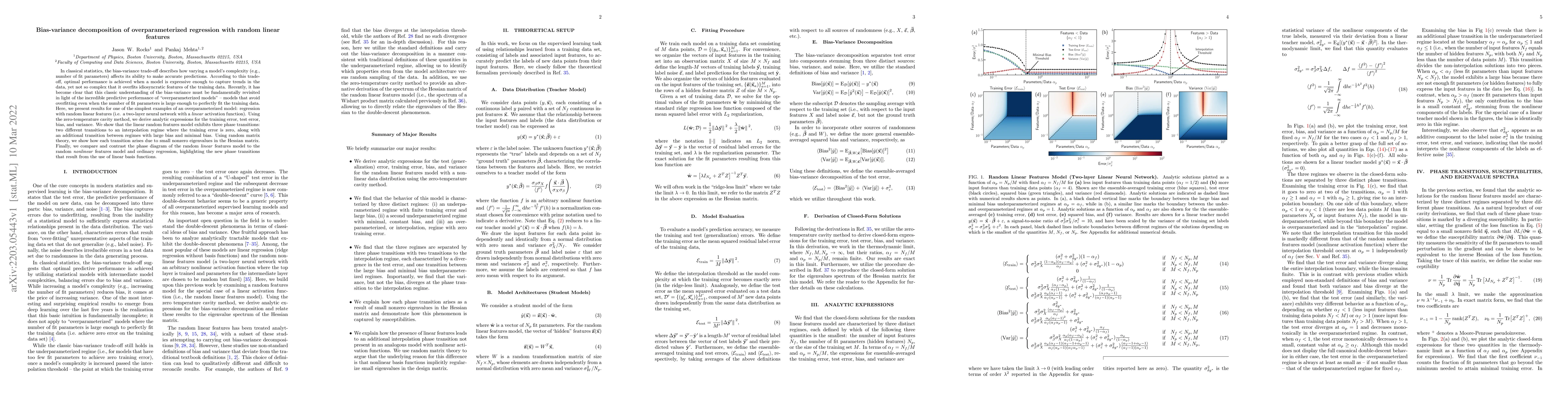 Thumbnail for Bias-variance decomposition of overparameterized regression with random
  linear features