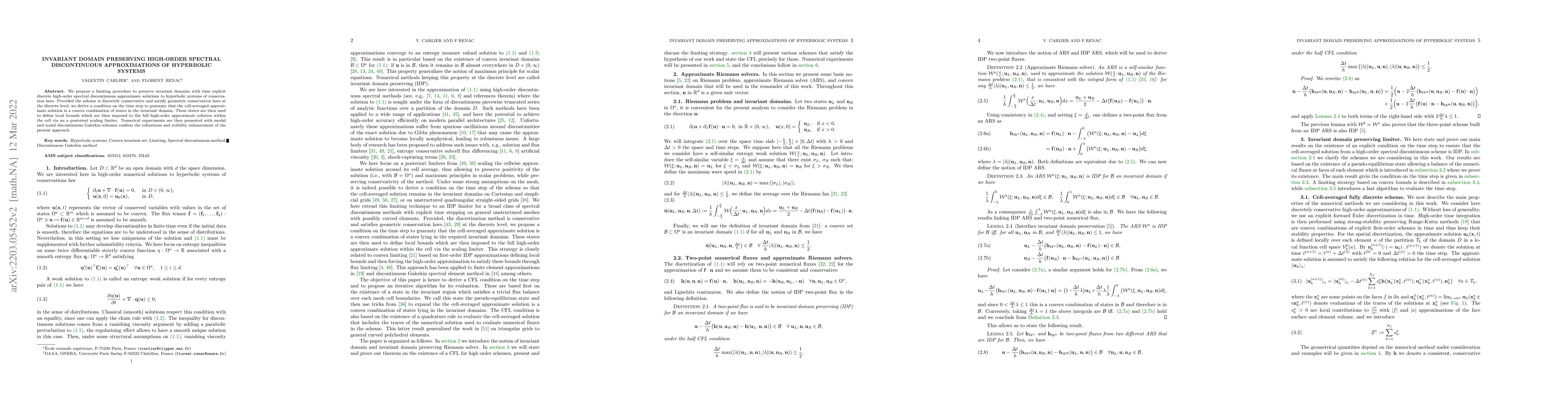 Thumbnail for Invariant domain preserving high-order spectral discontinuous
  approximations of hyperbolic systems
