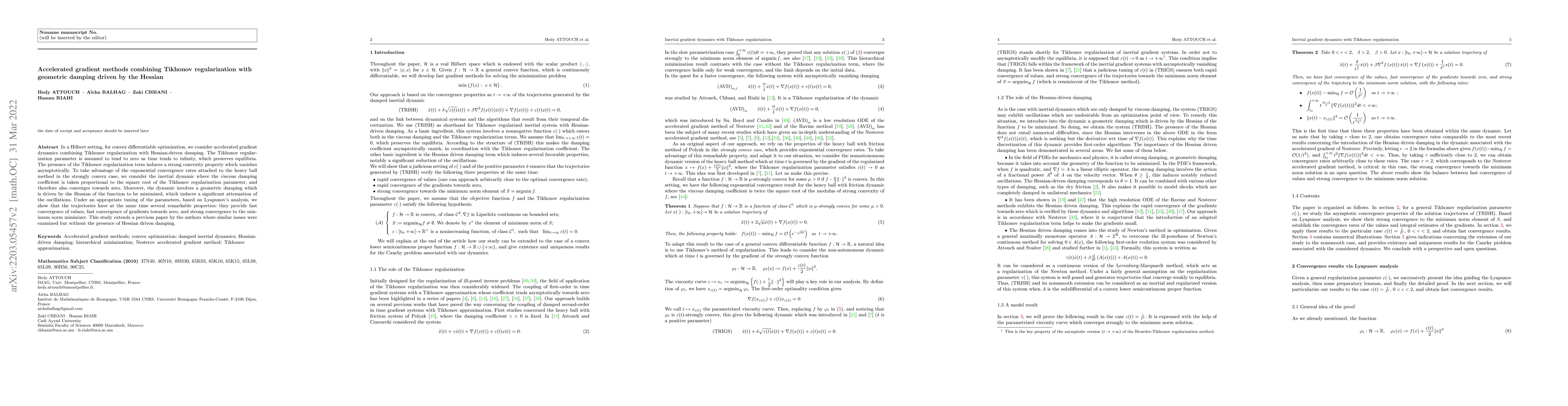 Thumbnail for Accelerated gradient methods combining Tikhonov regularization with
  geometric damping driven by the Hessian