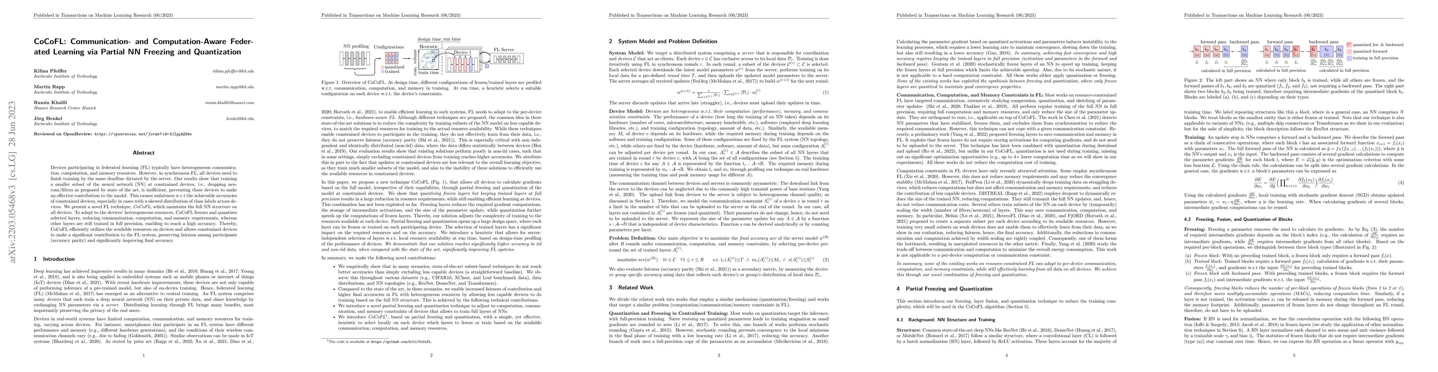 Thumbnail for CoCoFL: Communication- and Computation-Aware Federated Learning via
  Partial NN Freezing and Quantization
