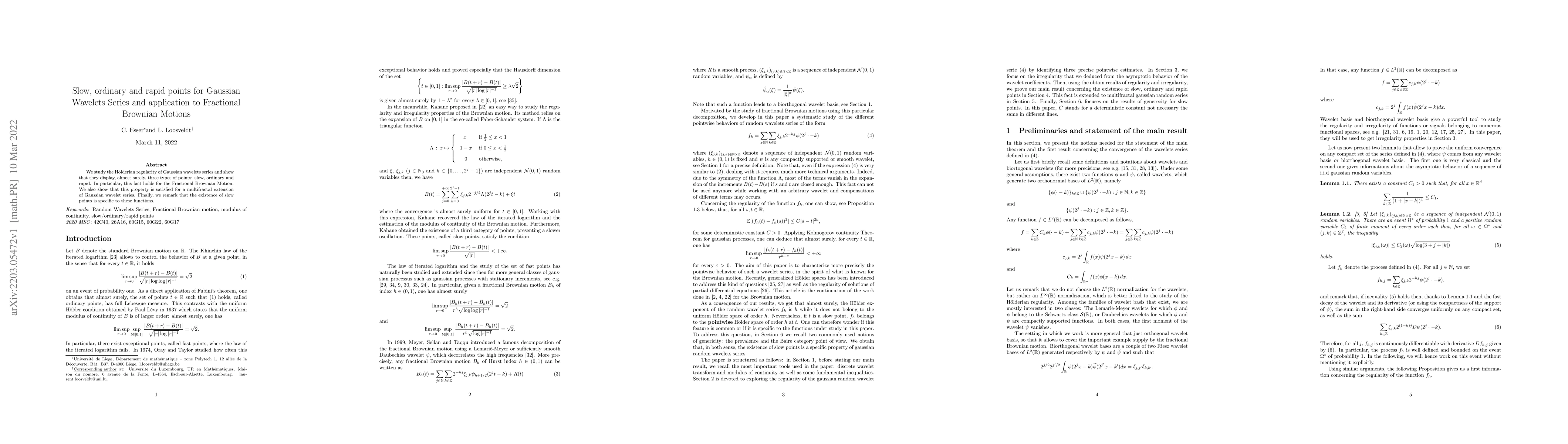 Thumbnail for Slow, ordinary and rapid points for Gaussian Wavelets Series and
  application to Fractional Brownian Motions