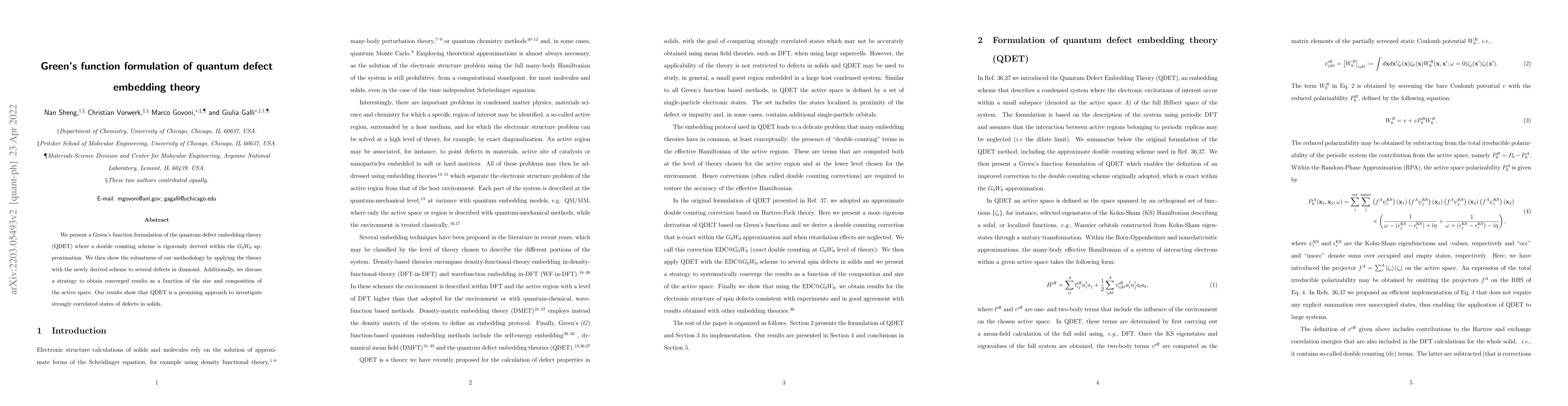 Thumbnail for Green's function formulation of quantum defect embedding theory