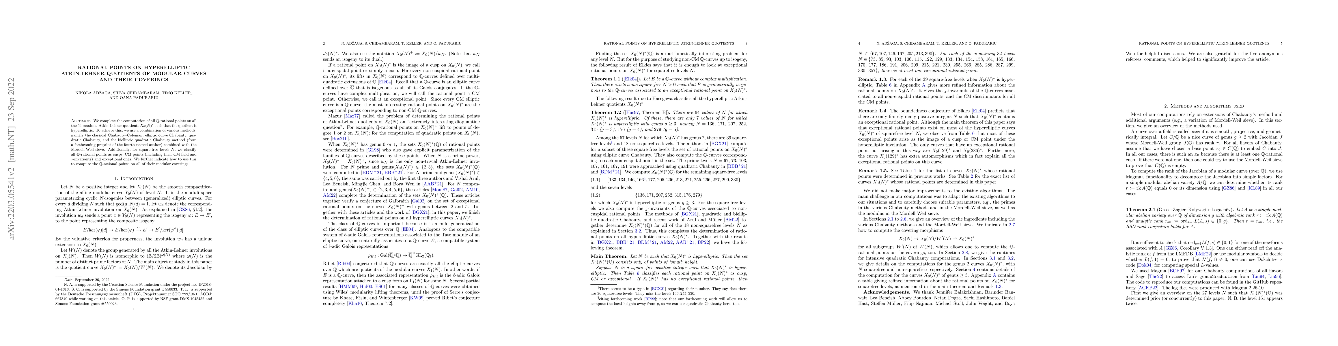 Thumbnail for Rational points on hyperelliptic Atkin-Lehner quotients of modular
  curves and their coverings