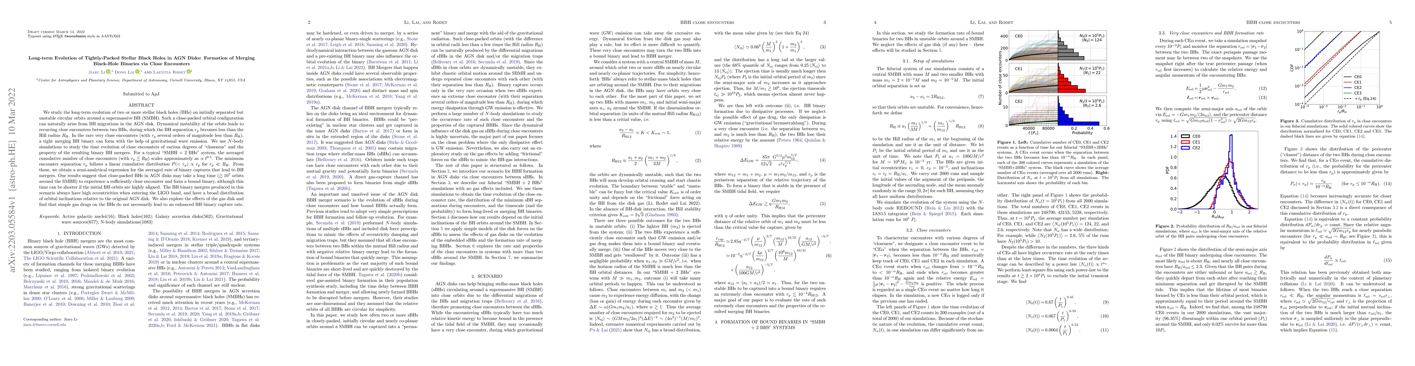 Thumbnail for Long-term Evolution of Tightly-Packed Stellar Black Holes in AGN Disks:
  Formation of Merging Black-Hole Binaries via Close Encounters