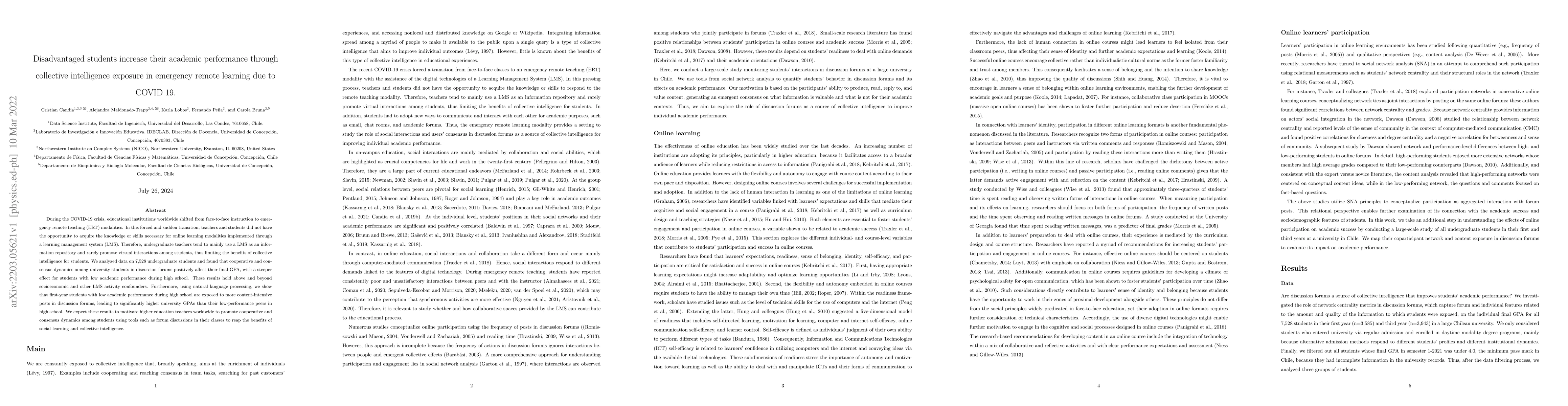 Thumbnail for Disadvantaged students increase their academic performance through
  collective intelligence exposure in emergency remote learning due to COVID 19
