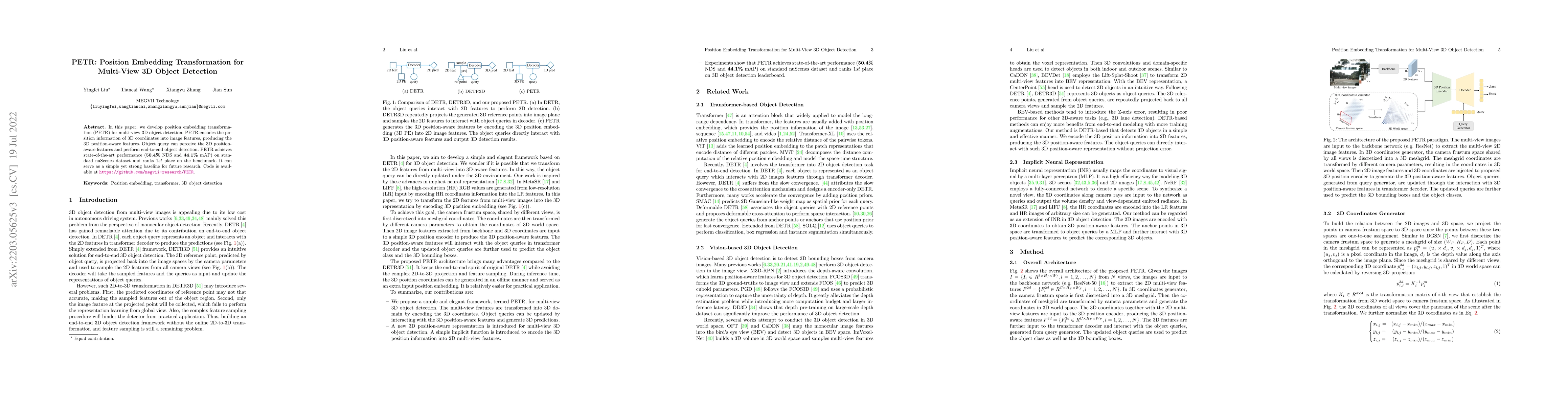 Thumbnail for PETR: Position Embedding Transformation for Multi-View 3D Object
  Detection