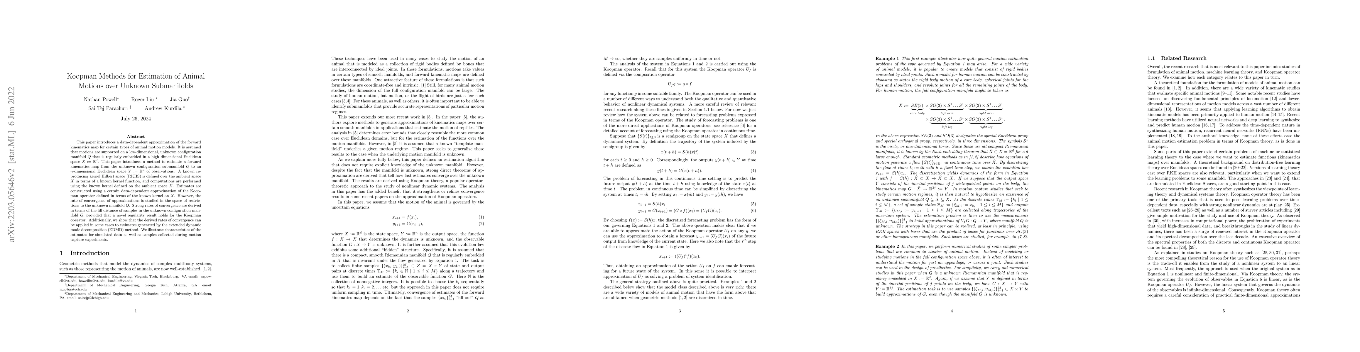 Thumbnail for Koopman Methods for Estimation of Animal Motions over Unknown
  Submanifolds