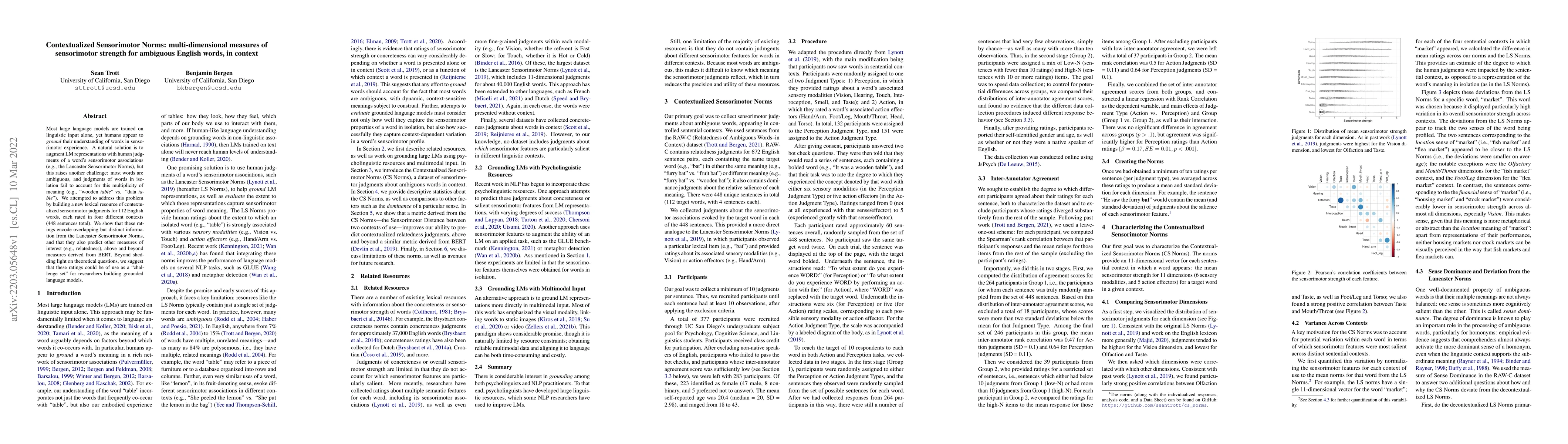 Thumbnail for Contextualized Sensorimotor Norms: multi-dimensional measures of
  sensorimotor strength for ambiguous English words, in context