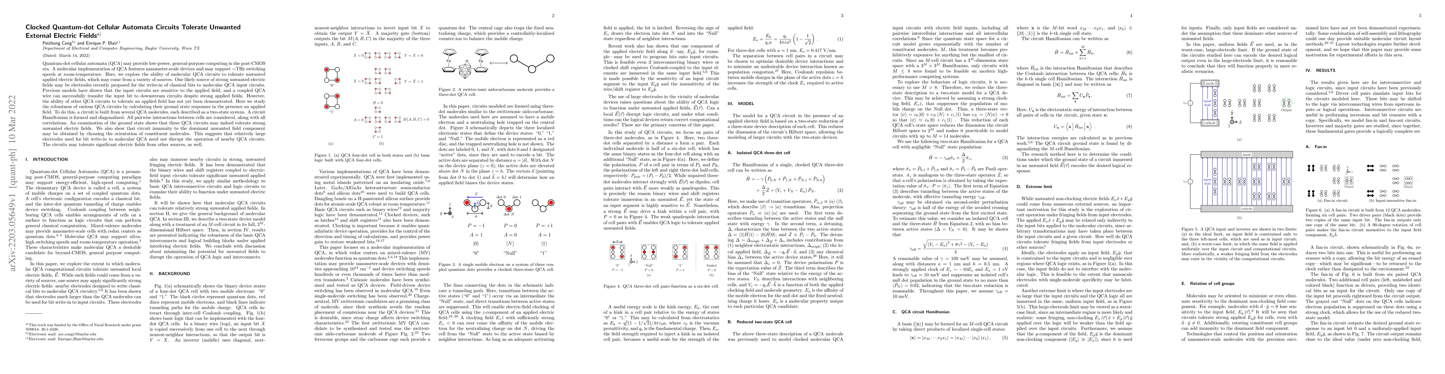 Thumbnail for Clocked Quantum-dot Cellular Automata Circuits Tolerate Unwanted
  External Electric Fields