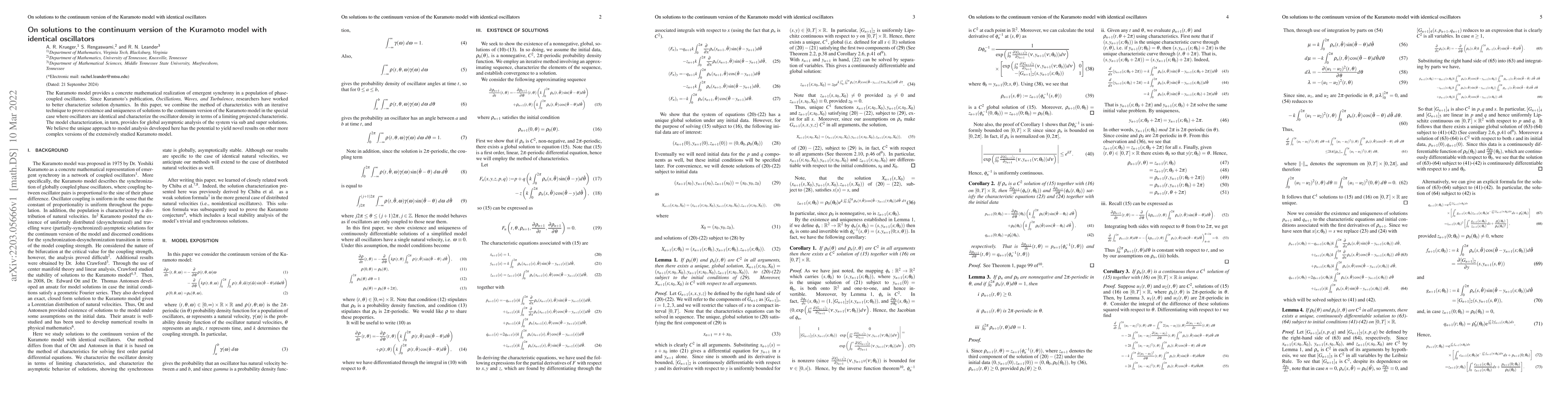 Thumbnail for On solutions to the continuum version of the Kuramoto model with
  identical oscillators