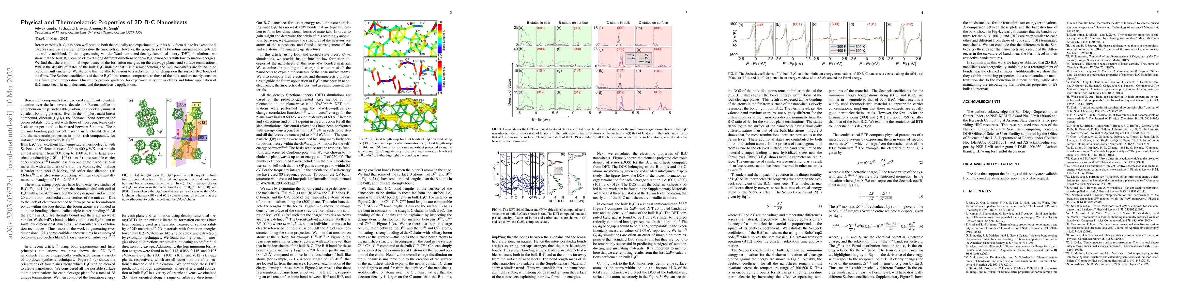 Thumbnail for Physical and Thermoelectric Properties of 2D B$_4$C Nanosheets
