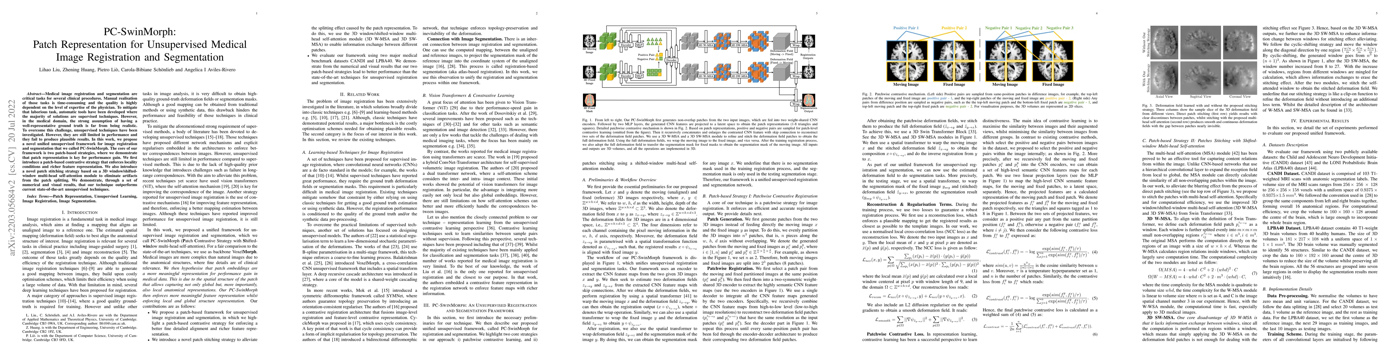 Thumbnail for PC-SwinMorph: Patch Representation for Unsupervised Medical Image
  Registration and Segmentation