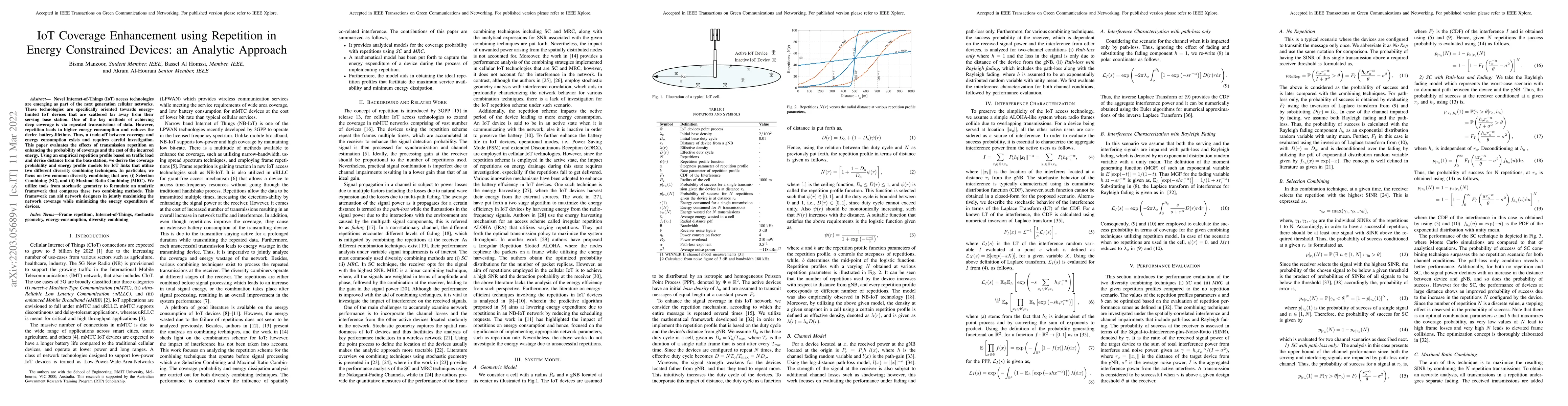 Thumbnail for IoT Coverage Enhancement using Repetition in Energy Constrained Devices:
  an Analytic Approach