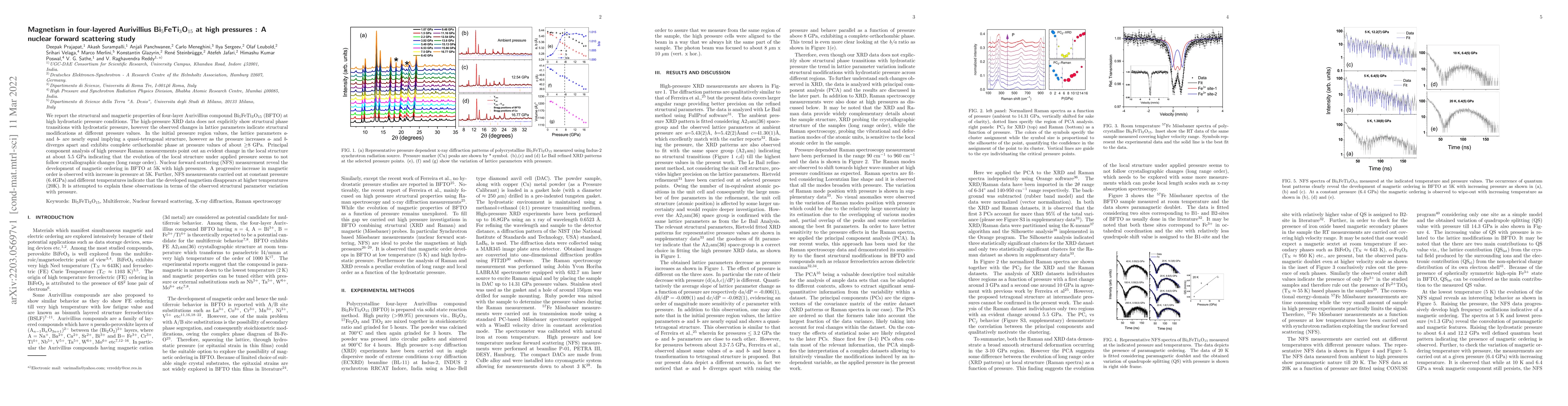 Thumbnail for Magnetism in four-layered Aurivillius Bi$_5$FeTi$_3$O$_{15}$ at high
  pressures : A nuclear forward scattering study