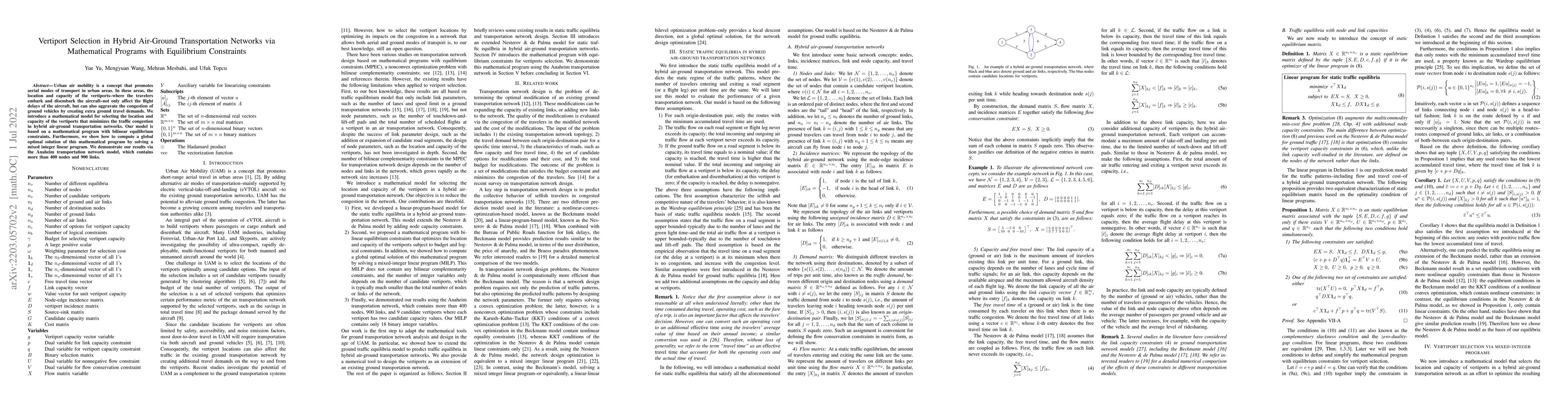 Thumbnail for Vertiport Selection in Hybrid Air-Ground Transportation Networks via
  Mathematical Programs with Equilibrium Constraints