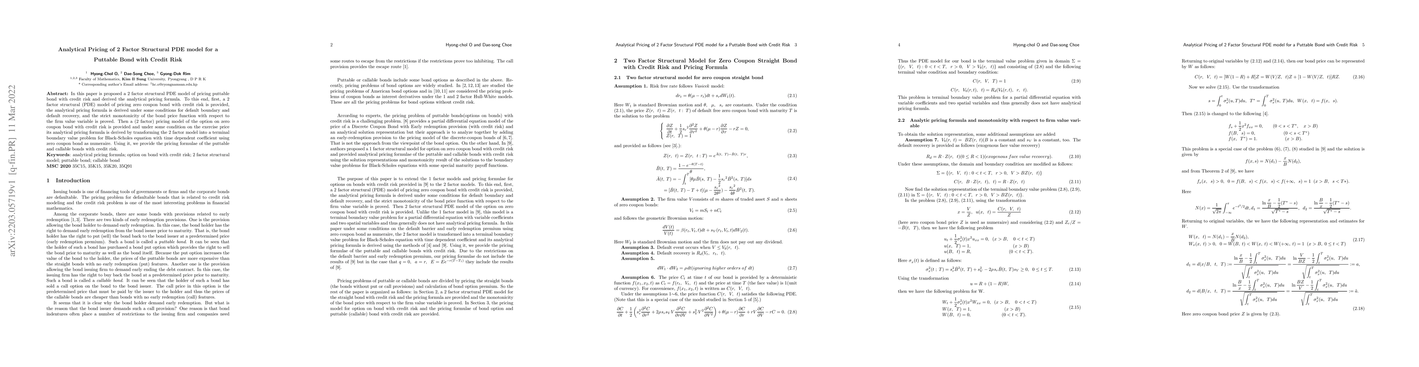 Thumbnail for Analytical Pricing of 2 Factor Structural PDE model for a Puttable Bond
  with Credit Risk