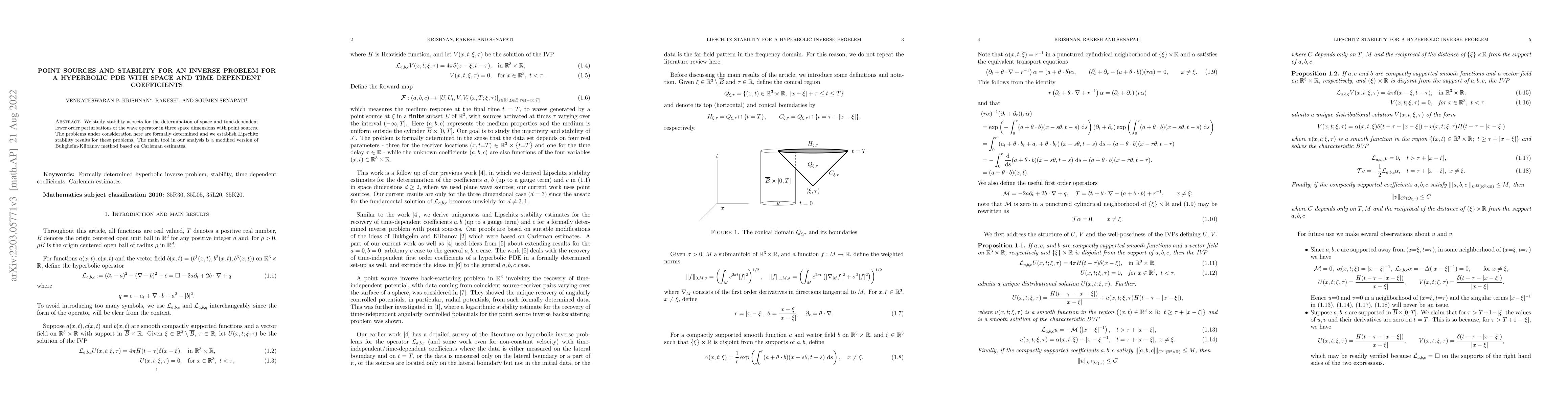 Thumbnail for Point sources and stability for an inverse problem for a hyperbolic PDE
  with space and time dependent coefficients