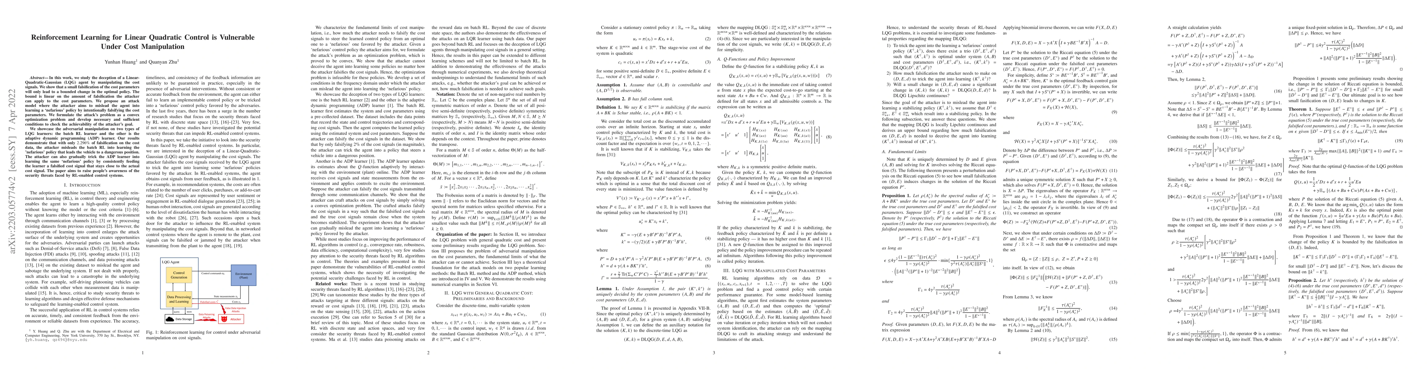 Thumbnail for Reinforcement Learning for Linear Quadratic Control is Vulnerable Under
  Cost Manipulation