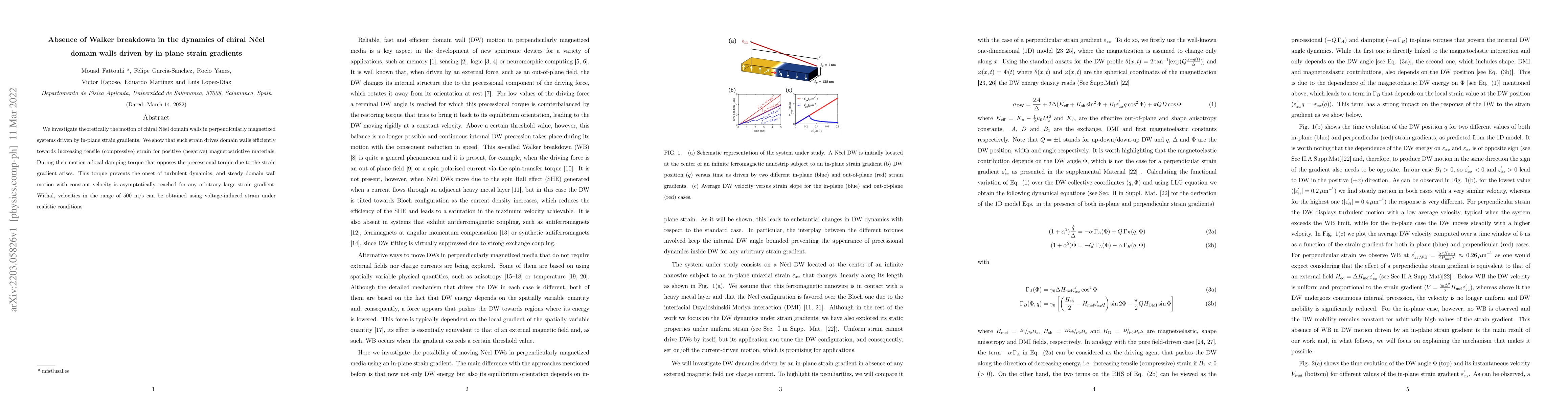 Thumbnail for Absence of Walker breakdown in the dynamics of chiral Neel domain walls
  driven by in-plane strain gradients