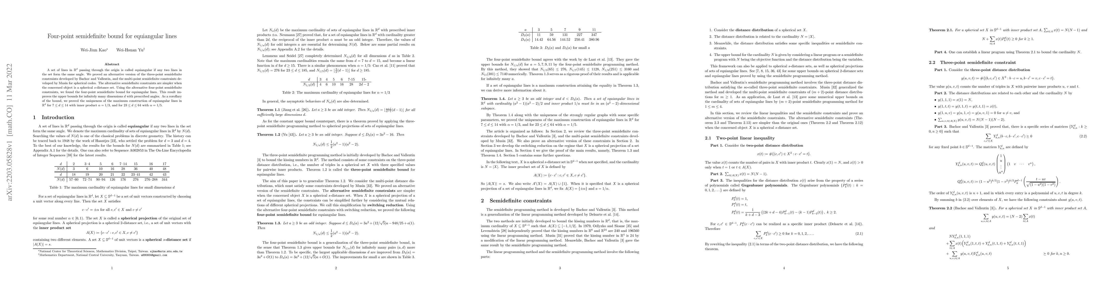 Thumbnail for Four-point semidefinite bound for equiangular lines