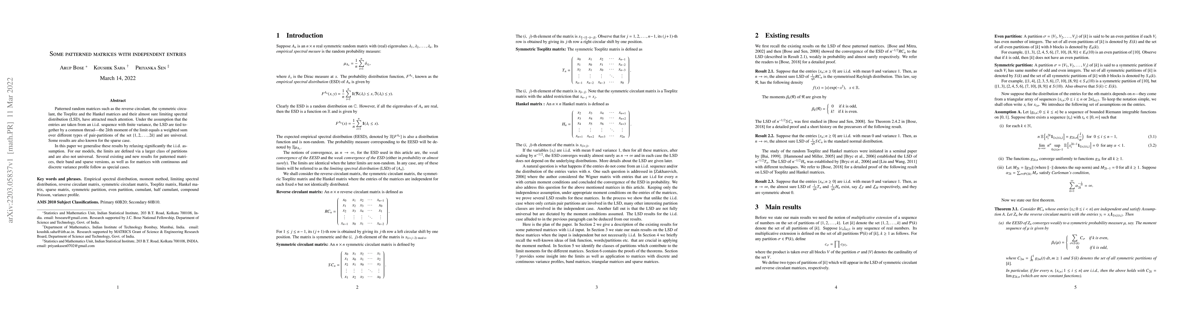 Thumbnail for Some patterned matrices with independent entries