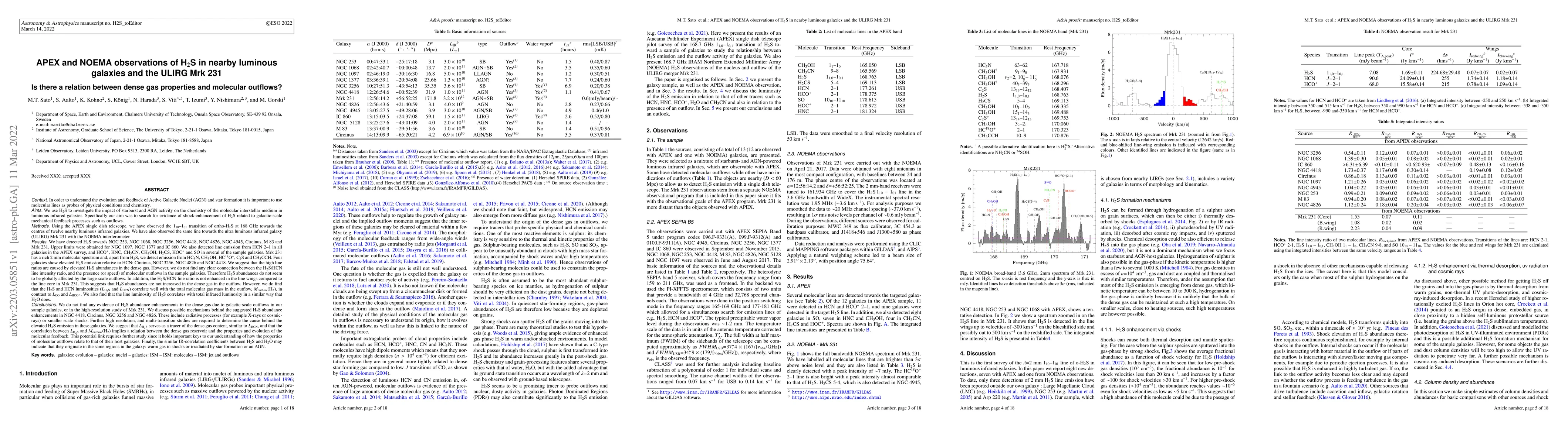 Thumbnail for APEX and NOEMA observations of H$_{2}$S in nearby luminous galaxies and
  the ULIRG Mrk~231 -- Is there a relation between dense gas properties and
  molecular outflows?