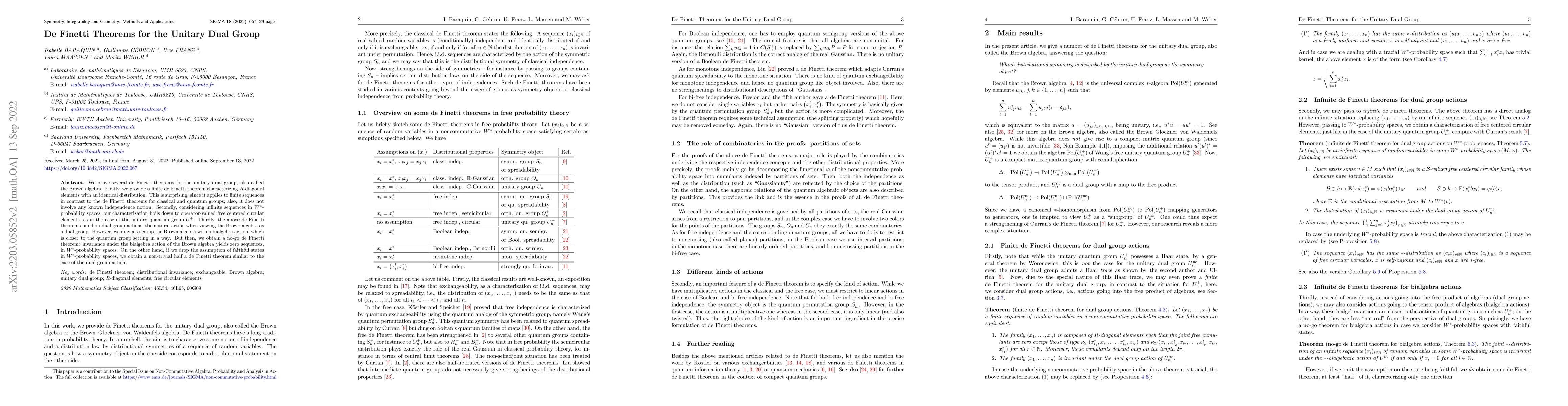 Thumbnail for De Finetti Theorems for the Unitary Dual Group