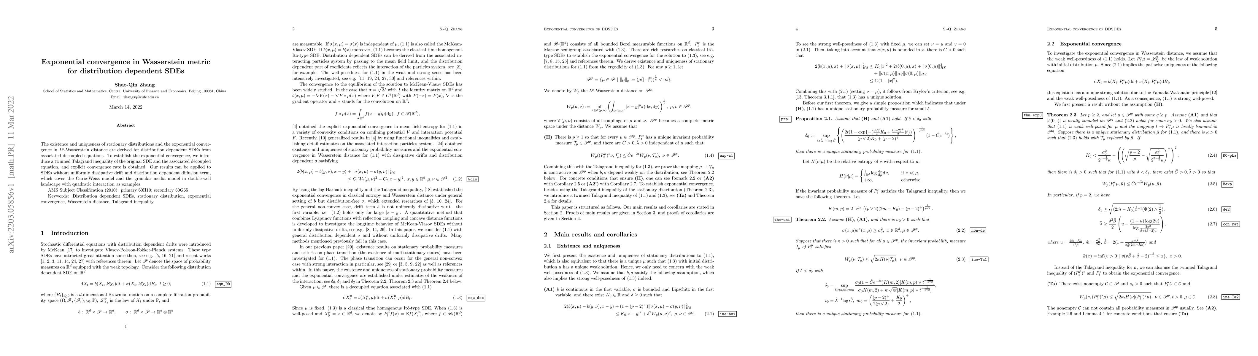 Thumbnail for Exponential convergence in Wasserstein metric for distribution dependent
  SDEs