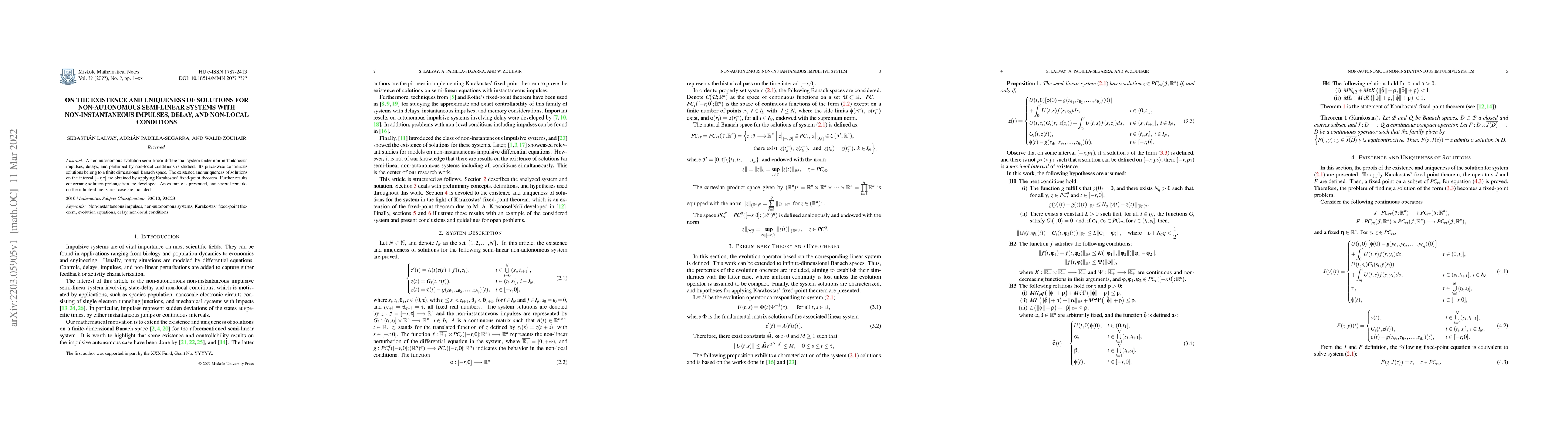 Thumbnail for On the existence and uniqueness of solutions for non-autonomous
  semi-linear systems with non-instantaneous impulses, delay, and non-local
  conditions
