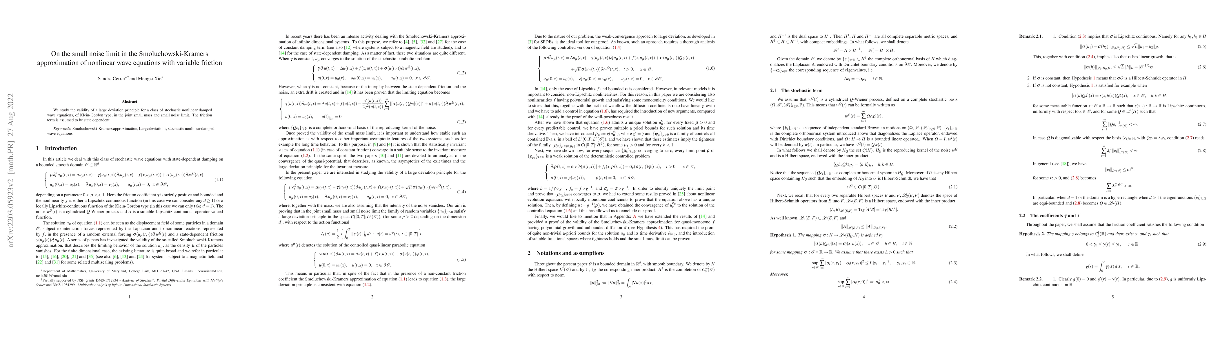 Thumbnail for On the small noise limit in the Smoluchowski-Kramers approximation of
  nonlinear wave equations with variable friction