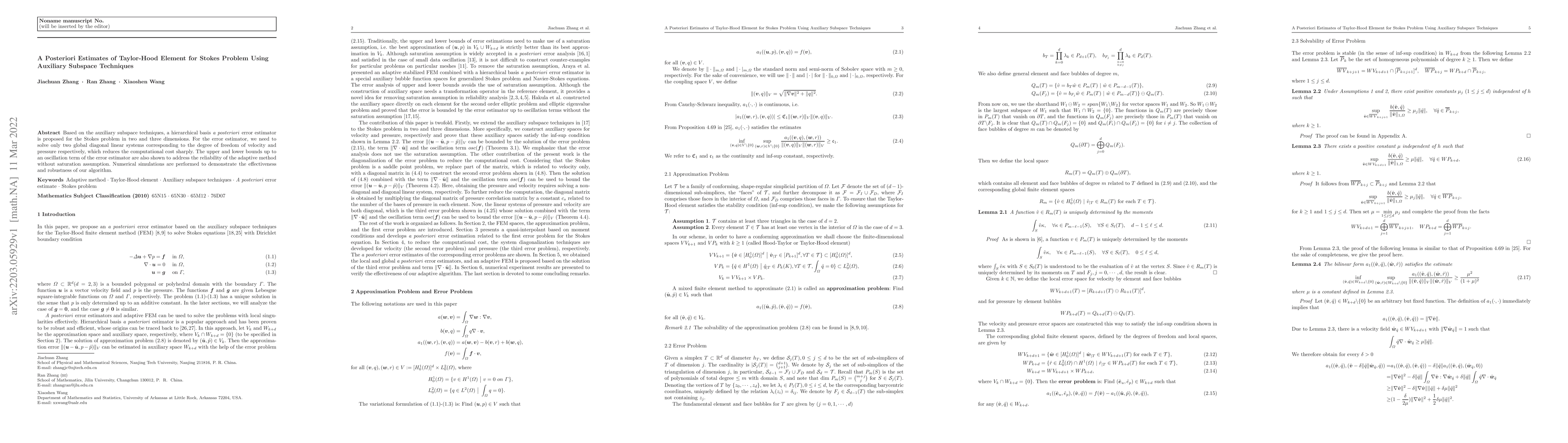 Thumbnail for A Posteriori Estimates of Taylor-Hood Element for Stokes Problem Using
  Auxiliary Subspace Techniques