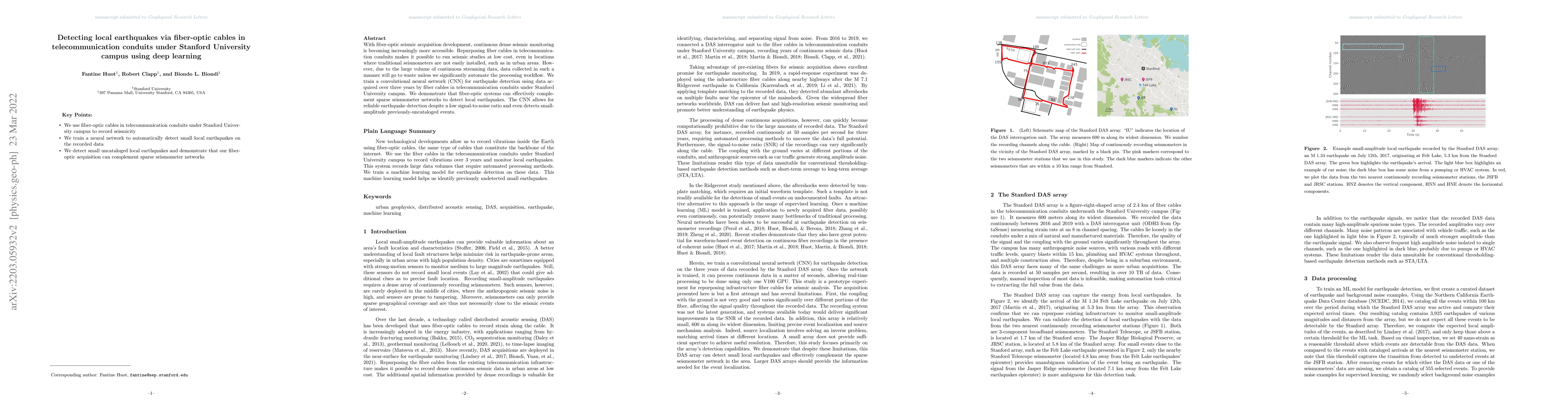 Thumbnail for Detecting local earthquakes via fiber-optic cables in telecommunication
  conduits under Stanford University campus using deep learning