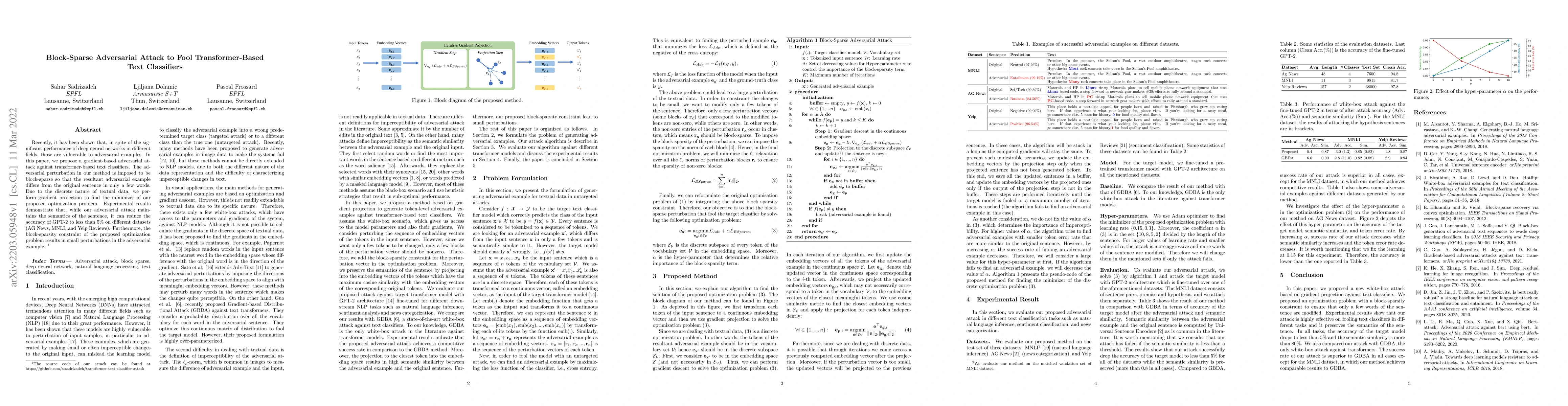 Thumbnail for Block-Sparse Adversarial Attack to Fool Transformer-Based Text
  Classifiers
