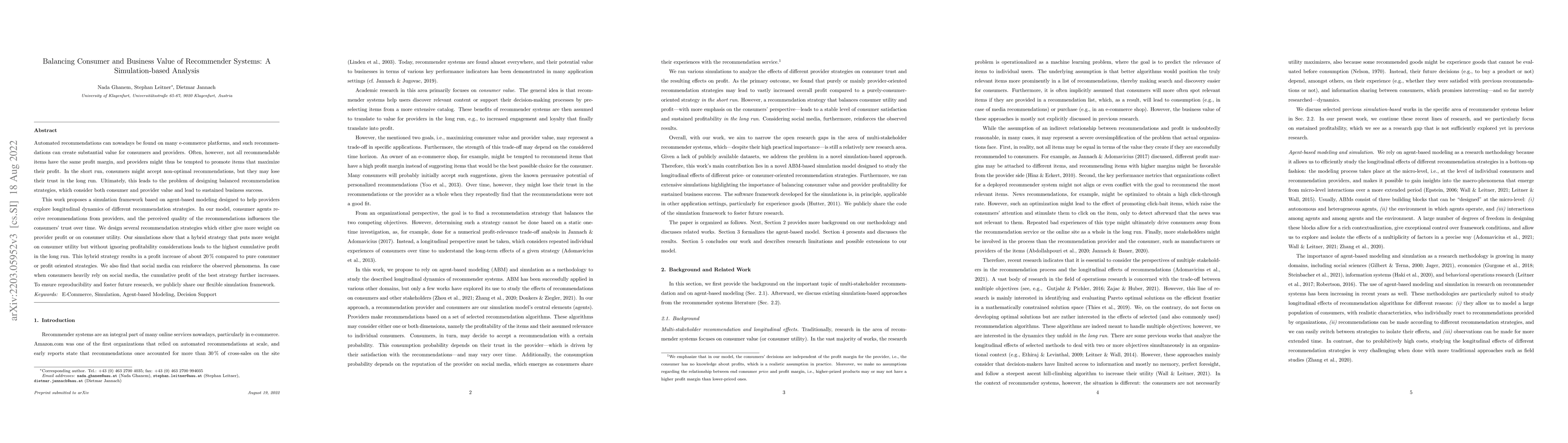 Thumbnail for Balancing Consumer and Business Value of Recommender Systems: A
  Simulation-based Analysis