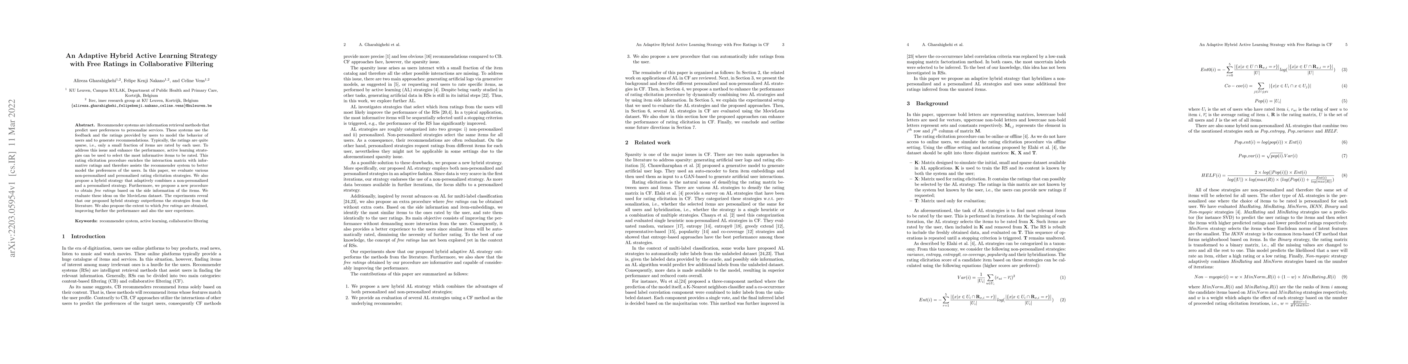 Thumbnail for An Adaptive Hybrid Active Learning Strategy with Free Ratings in
  Collaborative Filtering