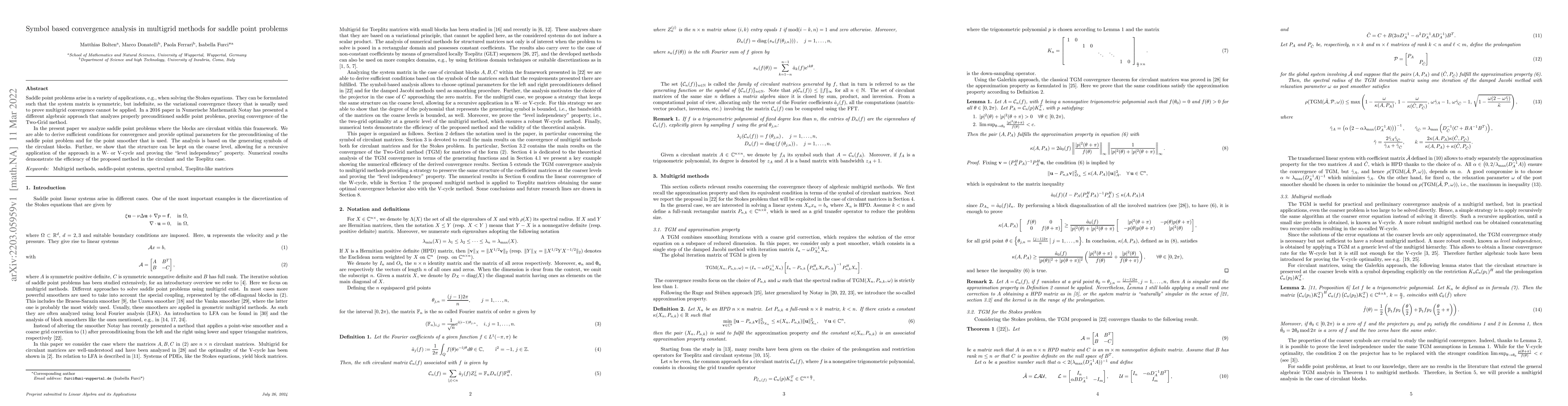 Thumbnail for Symbol based convergence analysis in multigrid methods for saddle point
  problems