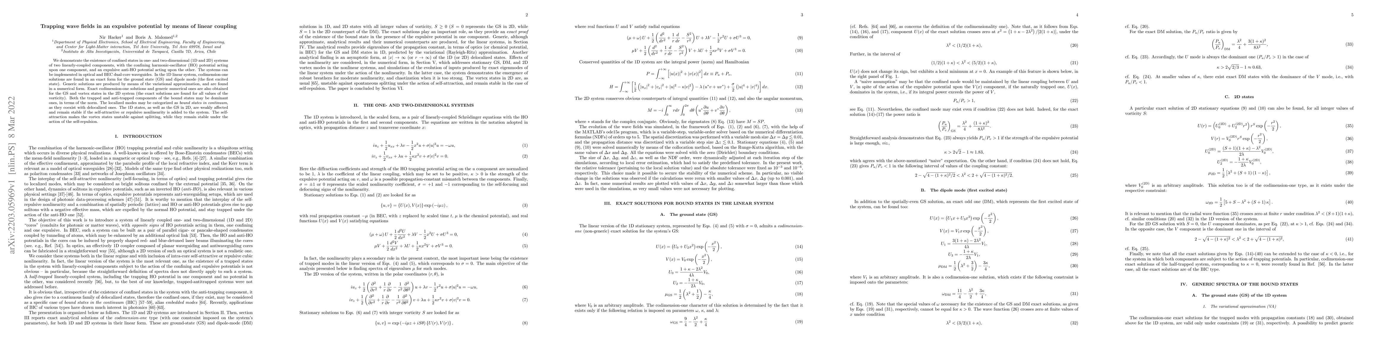 Thumbnail for Trapping wave fields in an expulsive potential by means of linear
  coupling