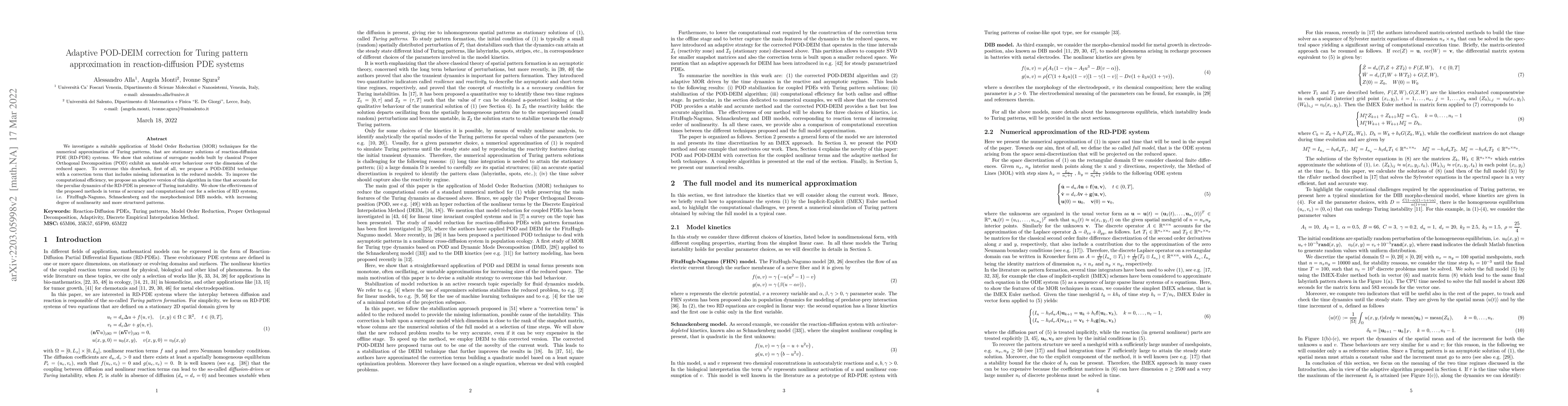 Thumbnail for Adaptive POD-DEIM correction for Turing pattern approximation in
  reaction-diffusion PDE systems