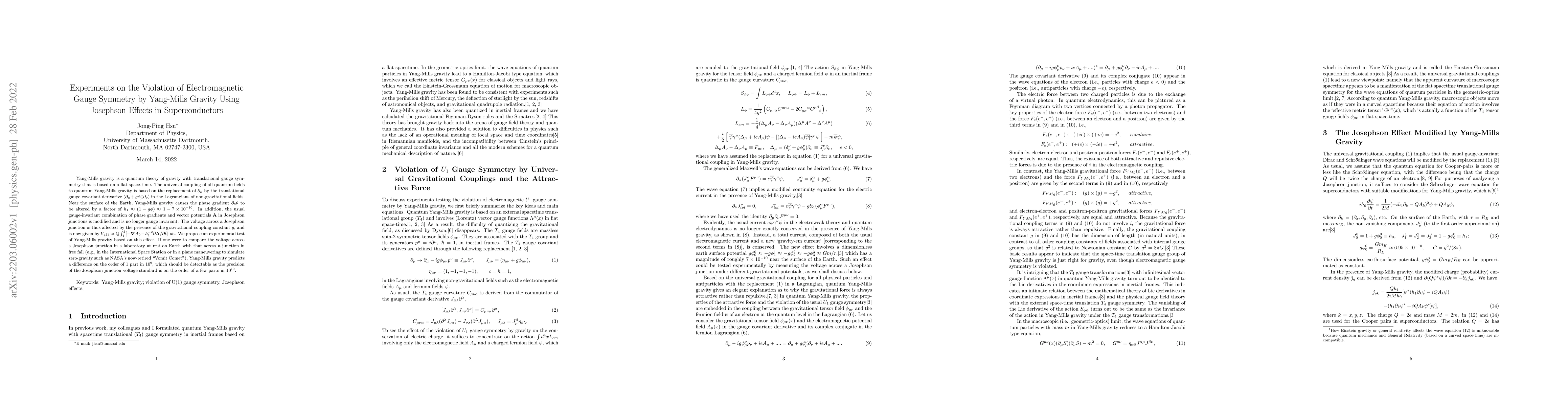 Thumbnail for Experiments on the Violation of Electromagnetic Gauge Symmetry by
  Yang-Mills Gravity Using Josephson Effects in Superconductors