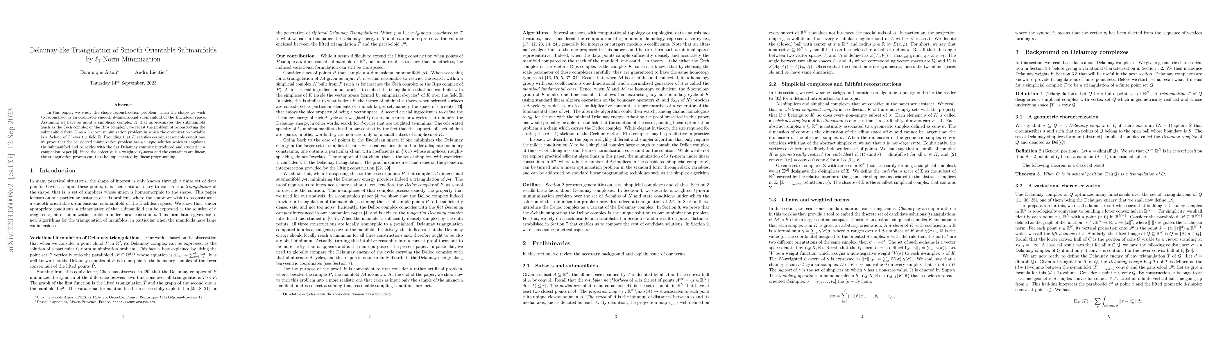 Thumbnail for Delaunay-like Triangulation of Smooth Orientable Submanifolds by L1-Norm
  Minimization