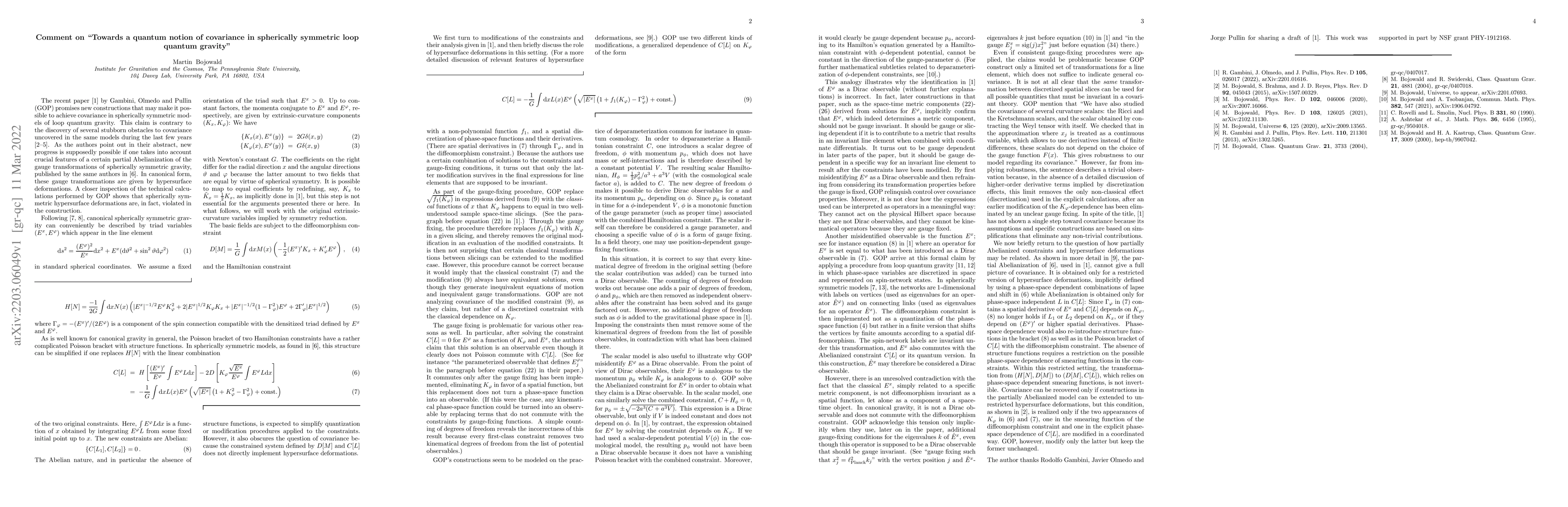 Thumbnail for Comment on "Towards a quantum notion of covariance in spherically
  symmetric loop quantum gravity"