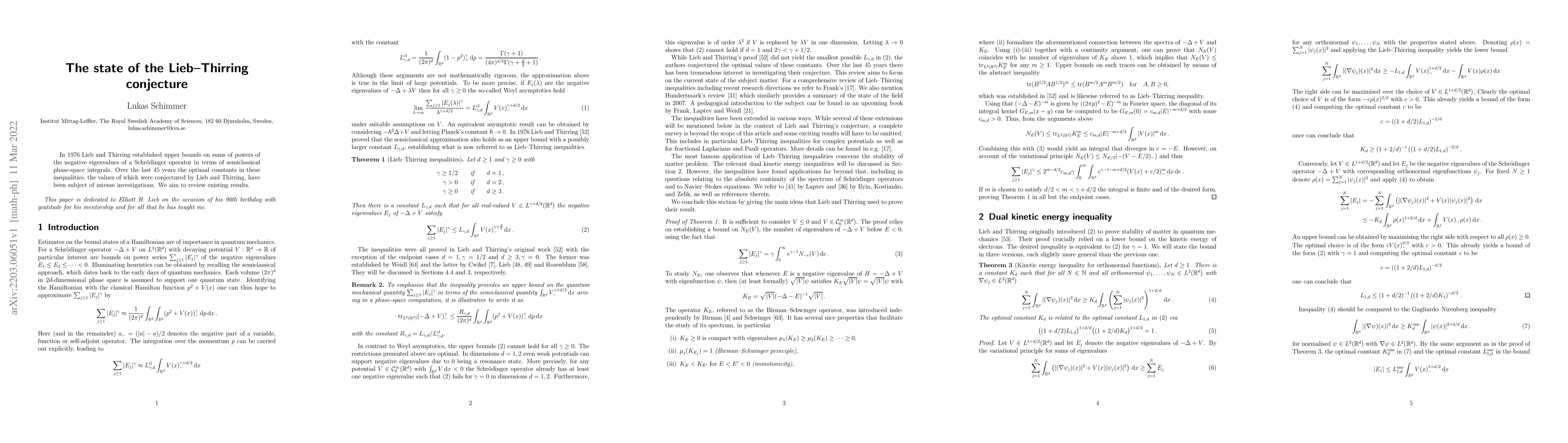 Thumbnail for The state of the Lieb--Thirring conjecture