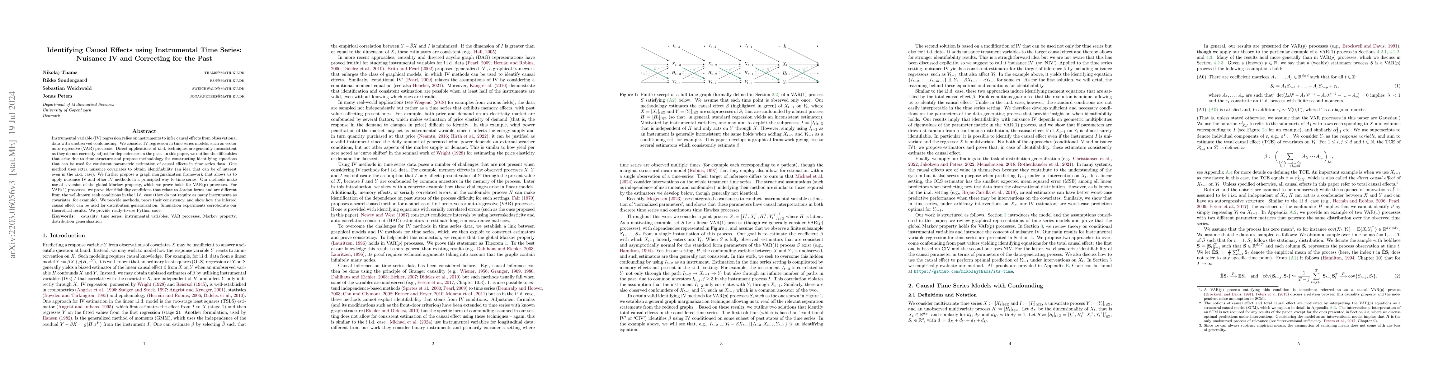 Thumbnail for Identifying Causal Effects using Instrumental Time Series: Nuisance IV
  and Correcting for the Past