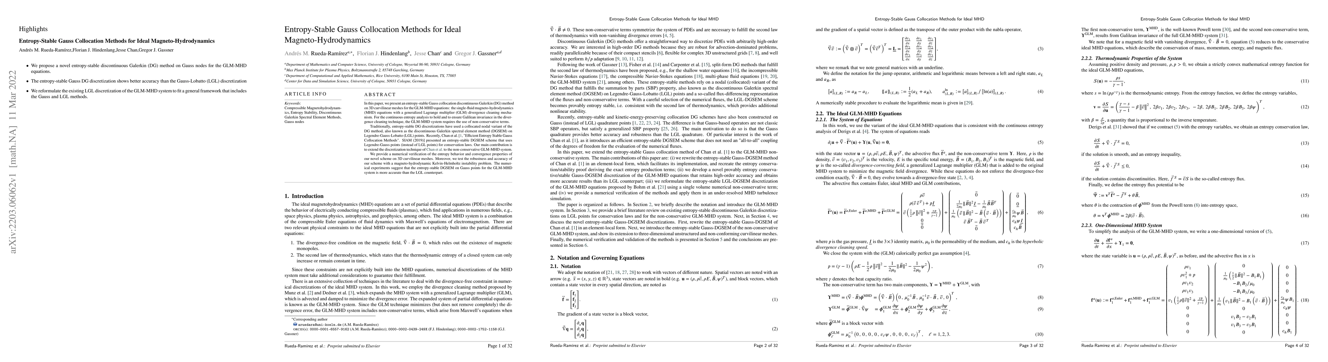Thumbnail for Entropy-Stable Gauss Collocation Methods for Ideal Magneto-Hydrodynamics