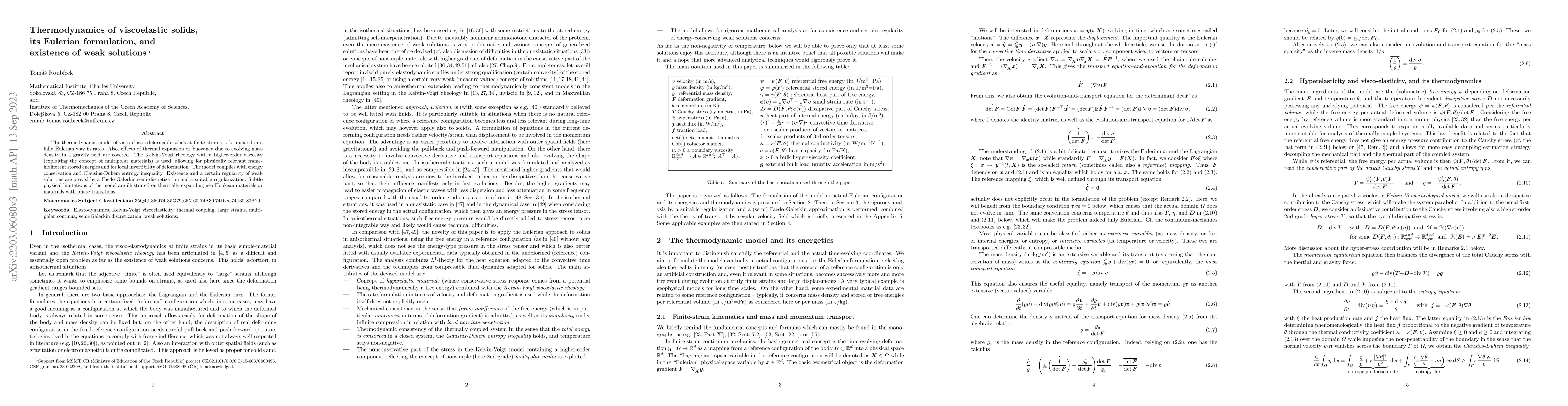 Thumbnail for Thermodynamics of viscoelastic solids, its Eulerian formulation, and
  existence of weak solutions
