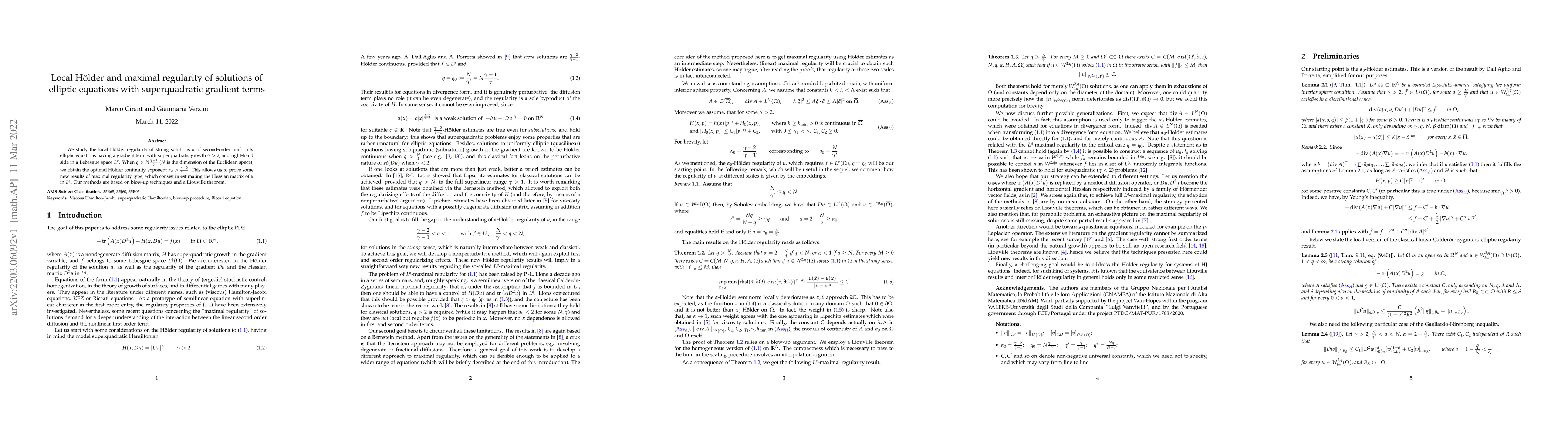 Thumbnail for Local H\"older and maximal regularity of solutions of elliptic equations
  with superquadratic gradient terms