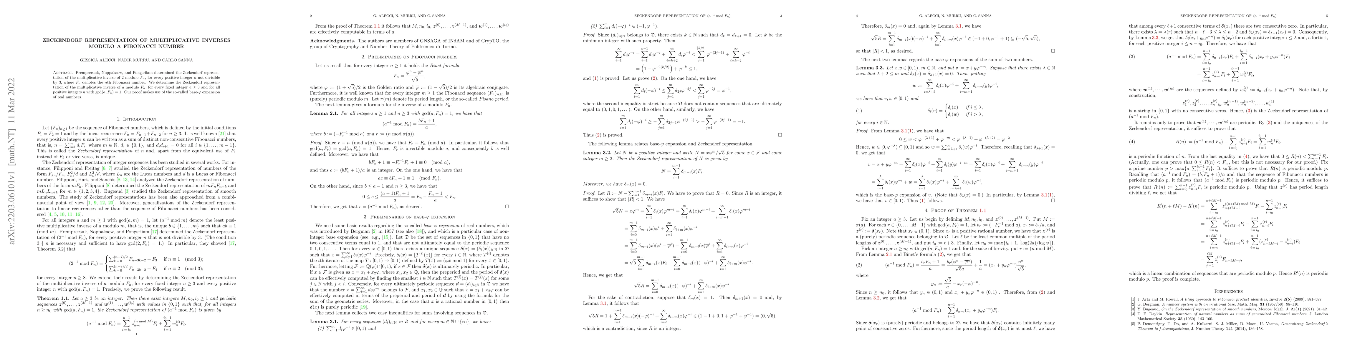 Thumbnail for Zeckendorf representation of multiplicative inverses modulo a Fibonacci
  number