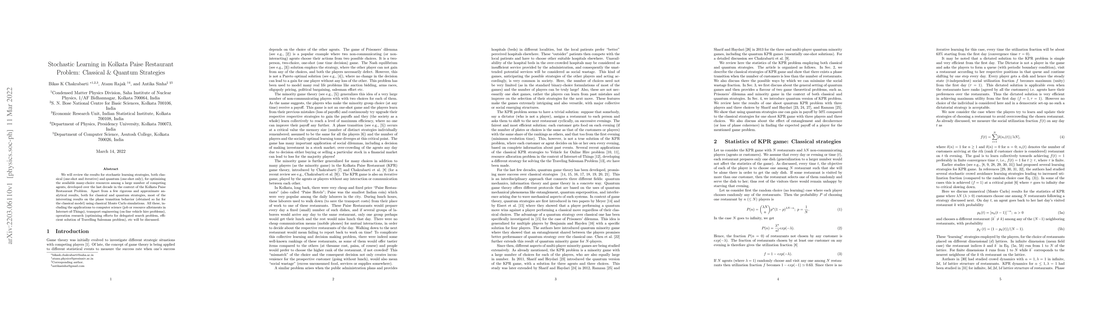 Thumbnail for Stochastic Learning in Kolkata Paise Restaurant Problem: Classical \&
  Quantum Strategies