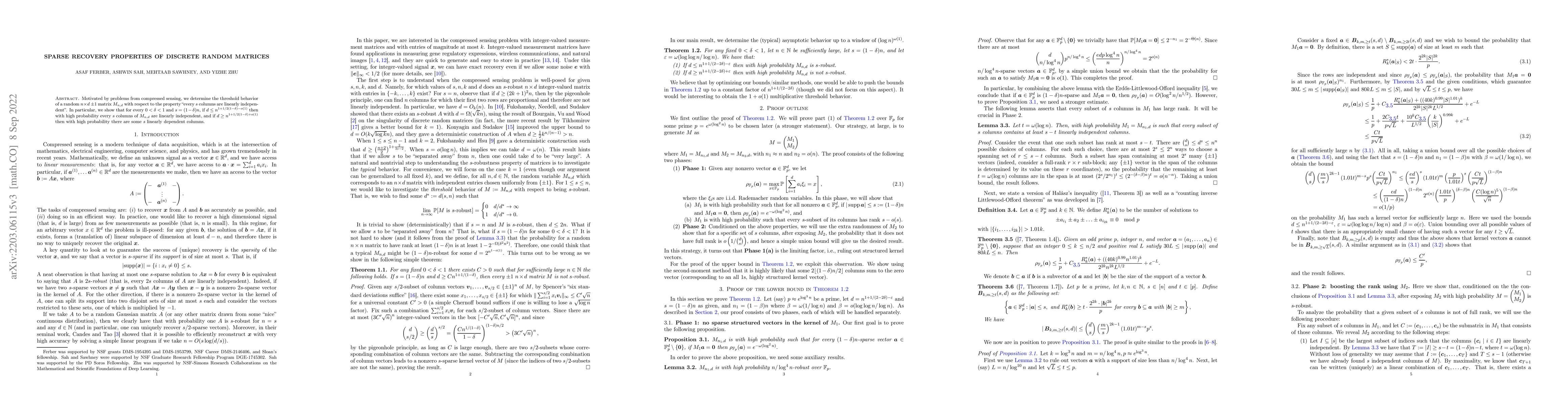 Thumbnail for Sparse recovery properties of discrete random matrices